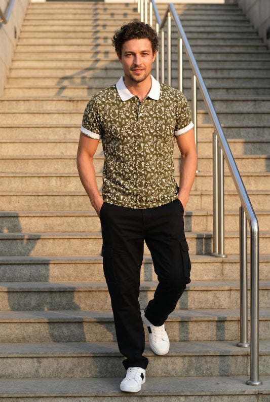 Green All-Over Printed Polo T-shirt for Men