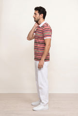 Dark Pink Multi Striped Polo T-shirt for Men