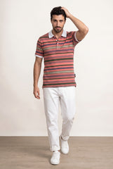 Dark Pink Multi Striped Polo T-shirt for Men