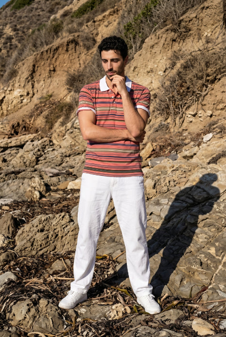 Dark Pink Multi Striped Polo T-shirt for Men
