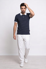 Navy & White Striped Polo T-shirt for Men