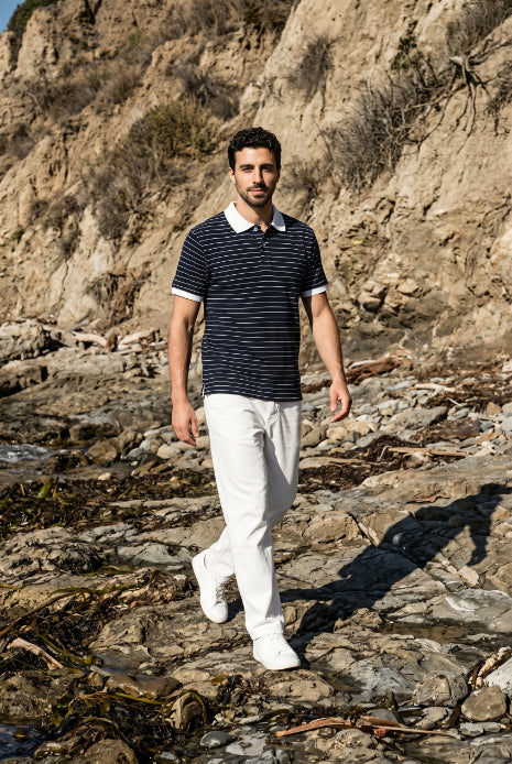 Navy & White Striped Polo T-shirt for Men
