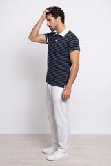 Navy & White Striped Polo T-shirt for Men