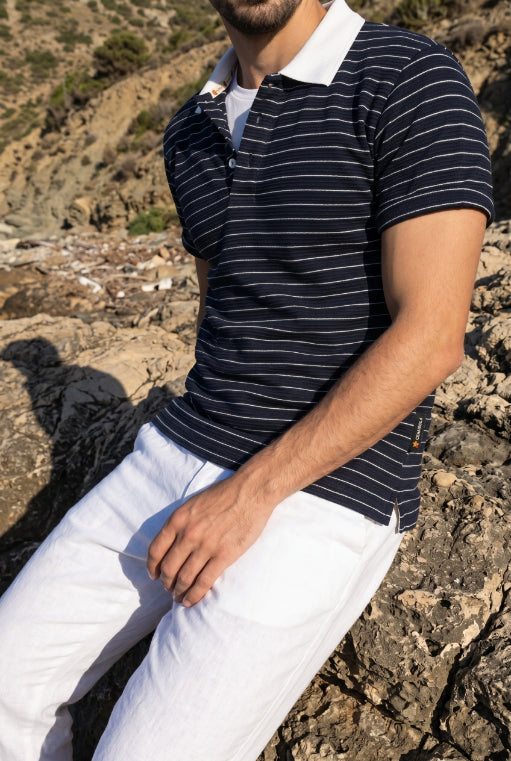 Navy & White Striped Polo T-shirt for Men