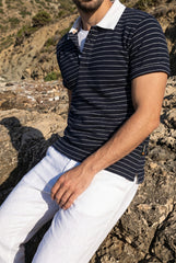Navy & White Striped Polo T-shirt for Men